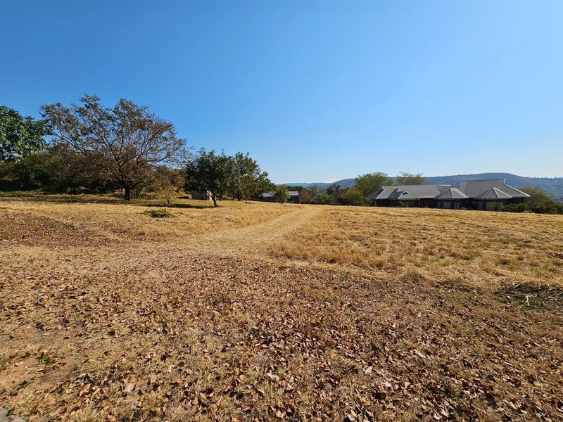 A wide-angle view of a vacant residential plot featuring dry grass, mature trees, and distant neighboring structures under a clear blue sky.