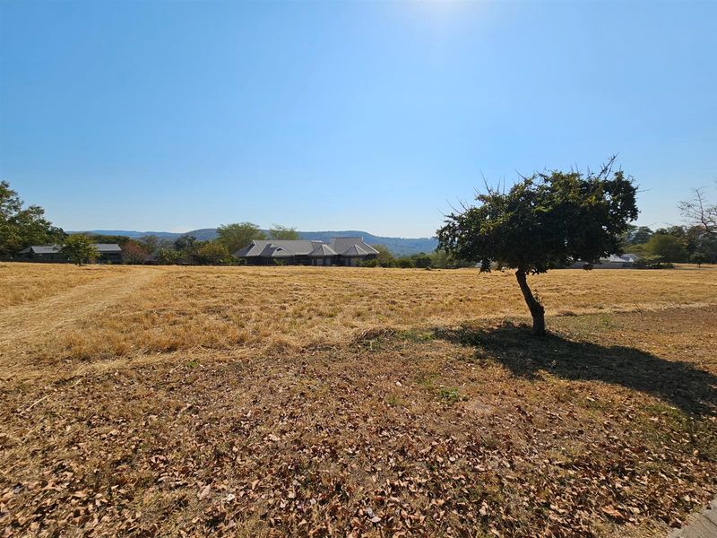 A wide-angle view of a vacant residential plot featuring dry grass, a single tree, and distant mountain views.