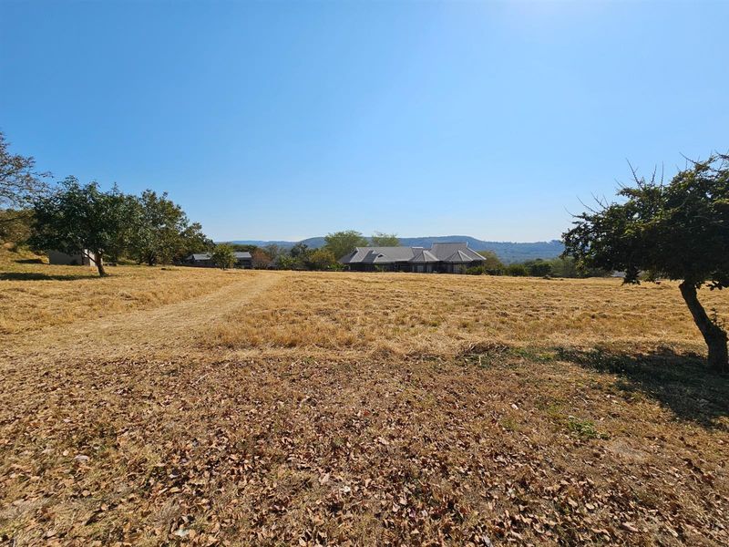 A wide-angle view of a large, open residential plot featuring dry grass, mature trees, and distant mountain views under a clear blue sky.