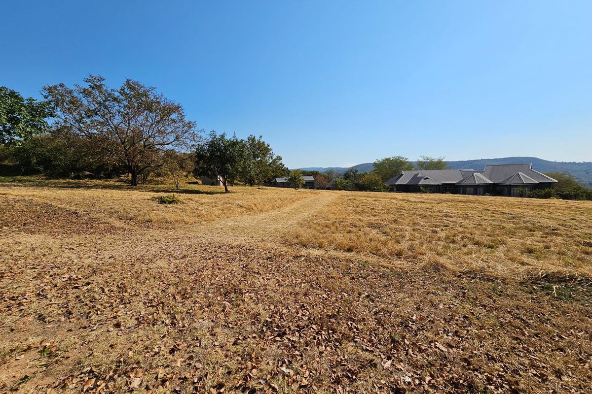 A wide-angle view of a vacant residential plot featuring dry grass, mature trees, and distant neighboring structures under a clear blue sky.