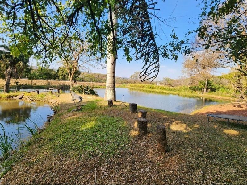 A scenic view of a natural pond and surrounding farm landscape, featuring mature trees and well-maintained grassy banks.