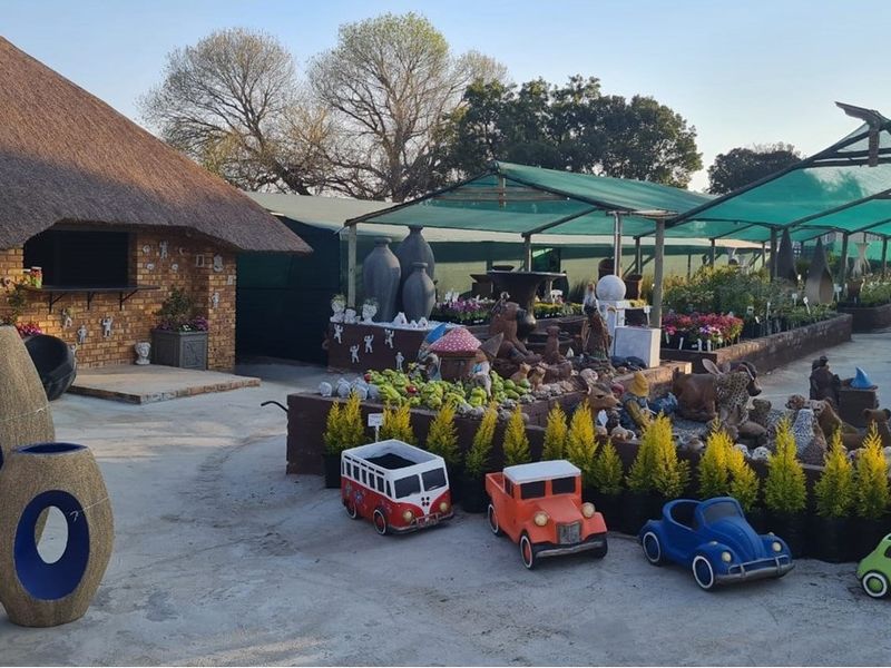 Outdoor retail area featuring a thatched roof structure, paved ground, and shaded display sections for garden ornaments and plants.