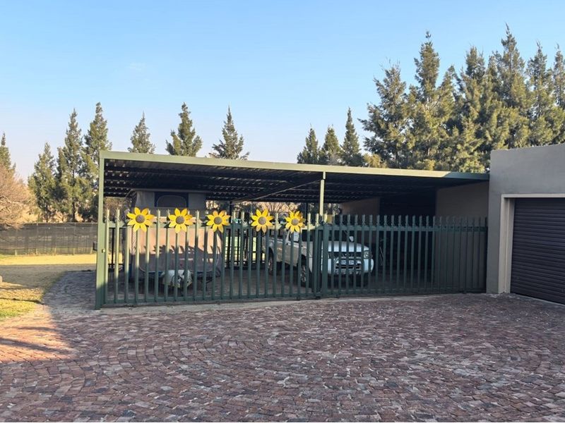 A paved driveway leading to a covered carport area with metal security fencing and a roller shutter garage door.