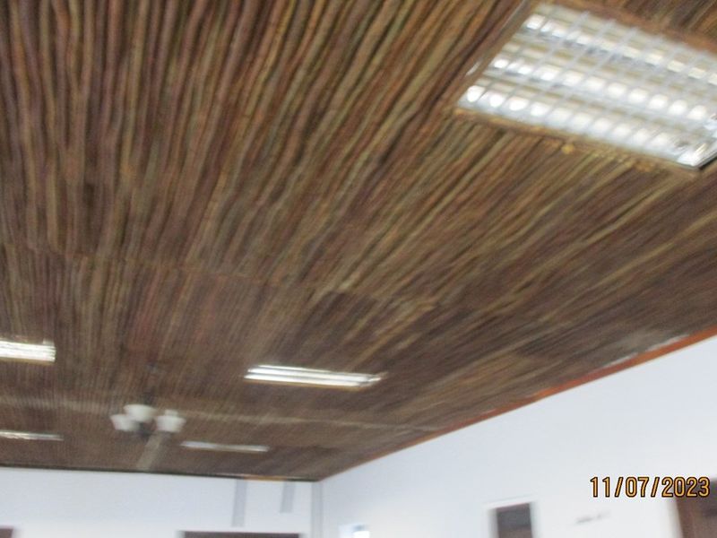 A view of an interior space featuring a textured reed ceiling and integrated fluorescent lighting fixtures.
