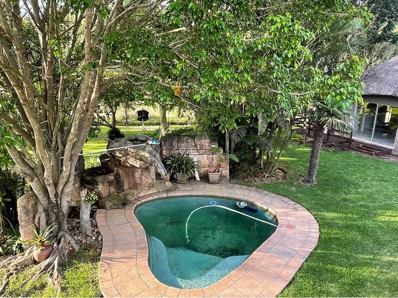A small garden pool featuring a natural rock water feature, surrounded by established trees and a paved pool deck in a lush garden setting.