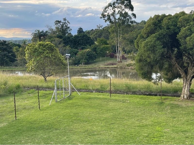 A scenic view of the property grounds featuring a natural pond, mature trees, and established landscaping on this small holding.