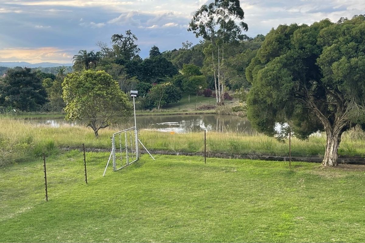A scenic view of the property grounds featuring a natural pond, mature trees, and established landscaping on this small holding.