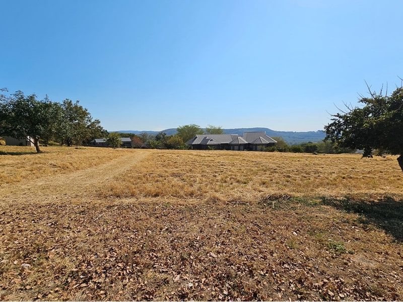 A wide-angle view of a large, open residential vacant land plot featuring dry grass, mature trees, and distant mountain views.