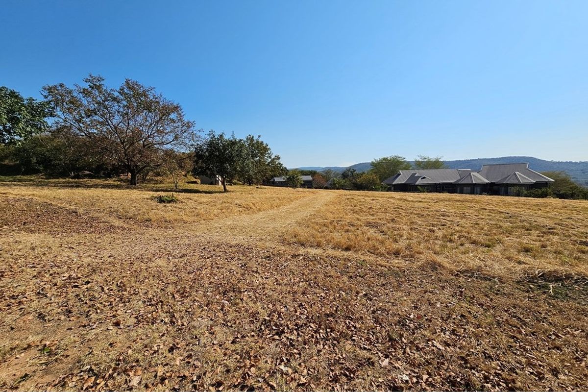 A wide-angle view of a vacant residential plot featuring natural grass, mature trees, and distant views of neighboring properties and hills.