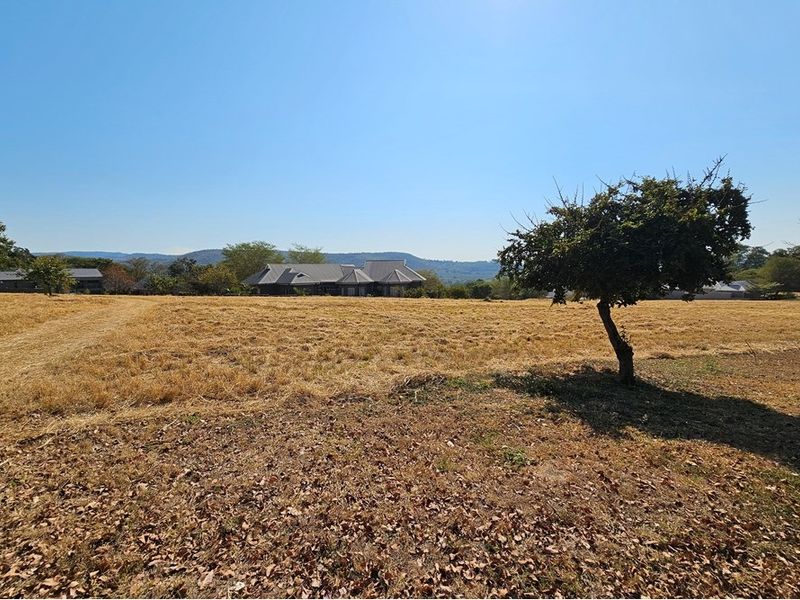A wide-angle view of a vacant residential plot featuring dry grass, mature trees, and distant mountain views in a peaceful estate setting.