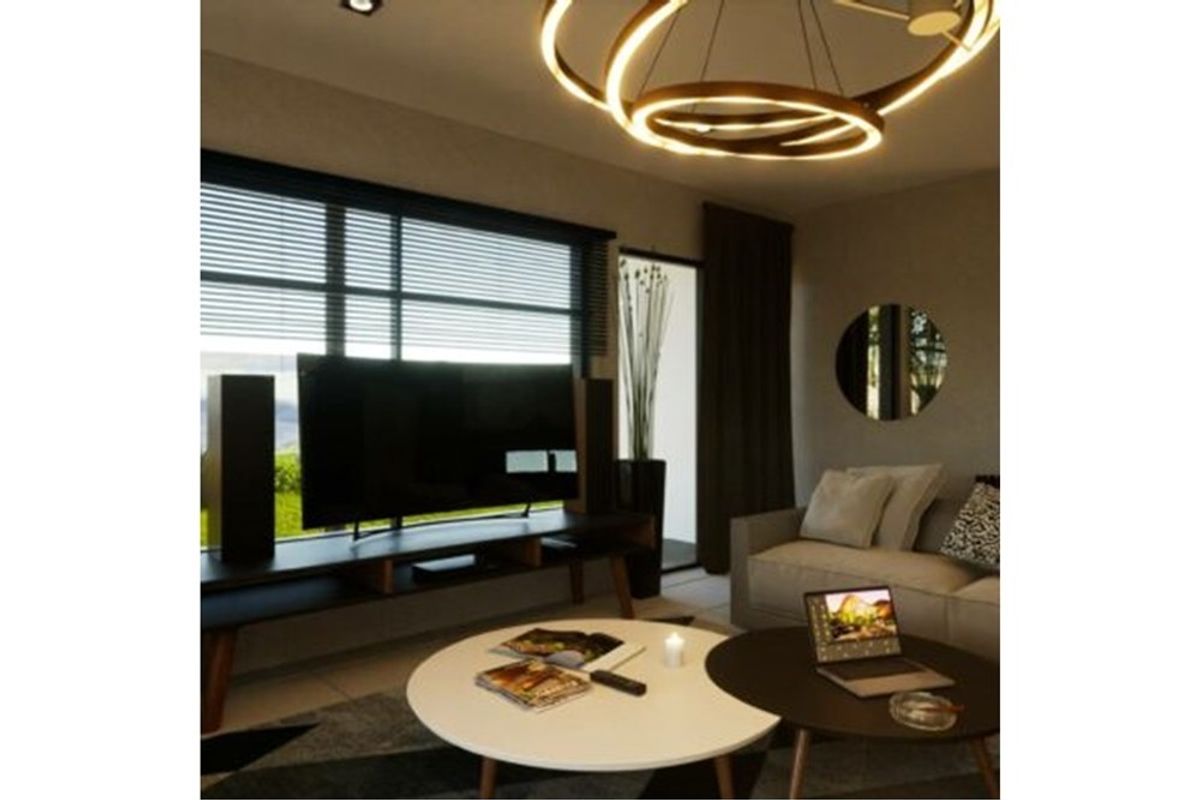 A modern living room featuring large windows with blinds, recessed ceiling lighting, and a contemporary circular chandelier.