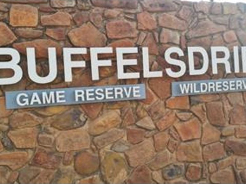 A stone-clad entrance wall featuring the signage for Buffelsdrift Game Reserve.