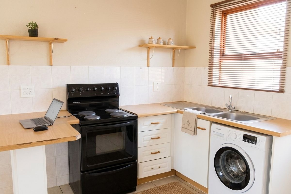 A functional kitchen featuring laminate countertops, a built-in electric stove and oven, double sink, and tiled backsplash with ample cabinetry.