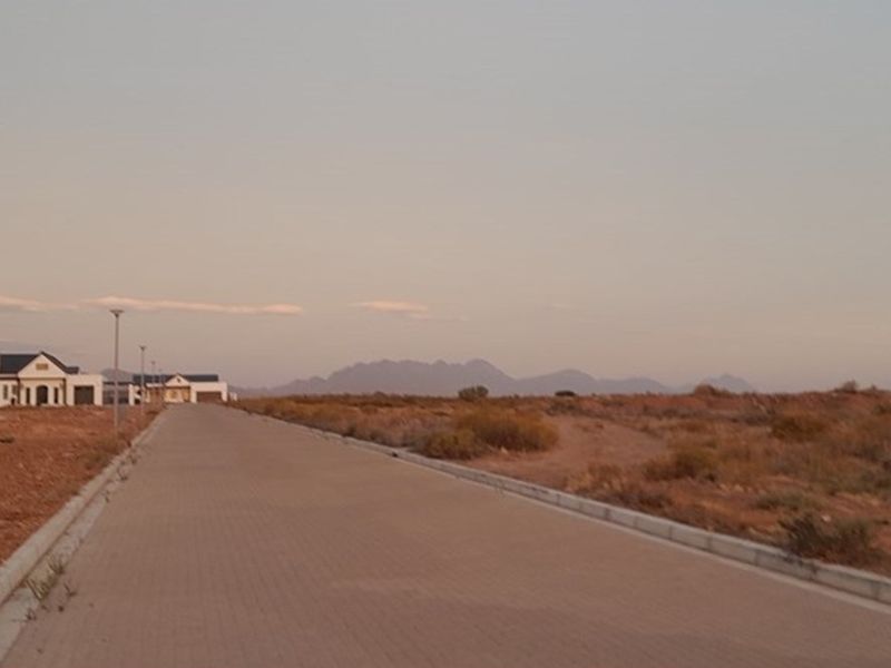 A view of a paved residential street with concrete curbing and street lighting, set against a backdrop of open land and distant mountains.