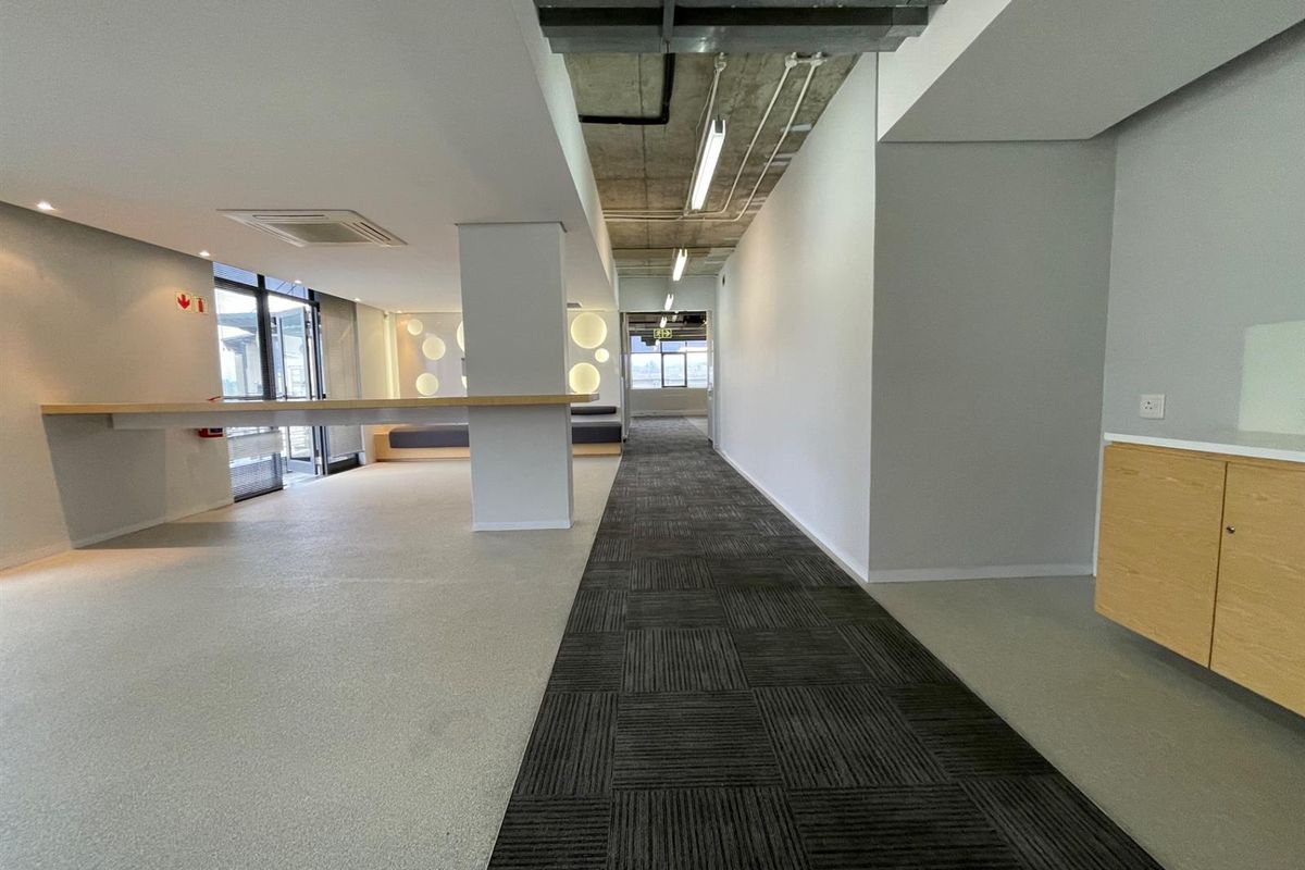 Modern open-plan office space featuring exposed concrete ceilings, linear lighting, a mix of carpet and vinyl flooring, and built-in cabinetry.