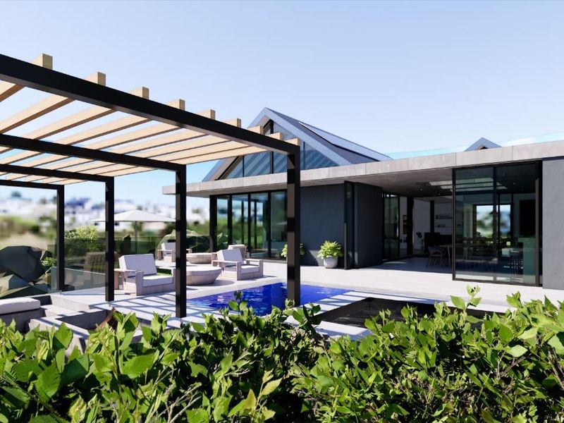 Modern outdoor living area featuring a swimming pool, timber pergola, and seamless indoor-outdoor flow through large glass sliding doors.