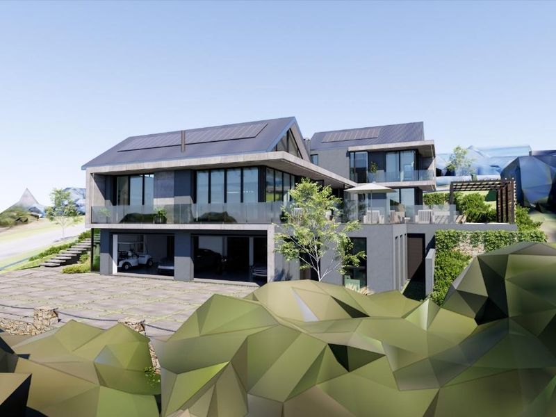 A modern architectural rendering of a multi-level luxury residence featuring solar panels, glass balconies, and an integrated garage.