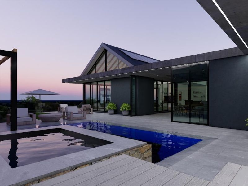 Modern architectural exterior featuring a sleek swimming pool, integrated spa, and expansive patio area with large glass sliding doors connecting to the interior.