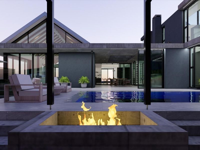 Modern architectural exterior featuring a swimming pool, sunken fire pit, and seamless indoor-outdoor flow with large glass sliding doors.