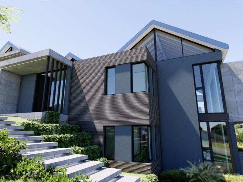 Modern architectural exterior featuring concrete and dark timber cladding, large glass windows, and concrete steps leading to the entrance.