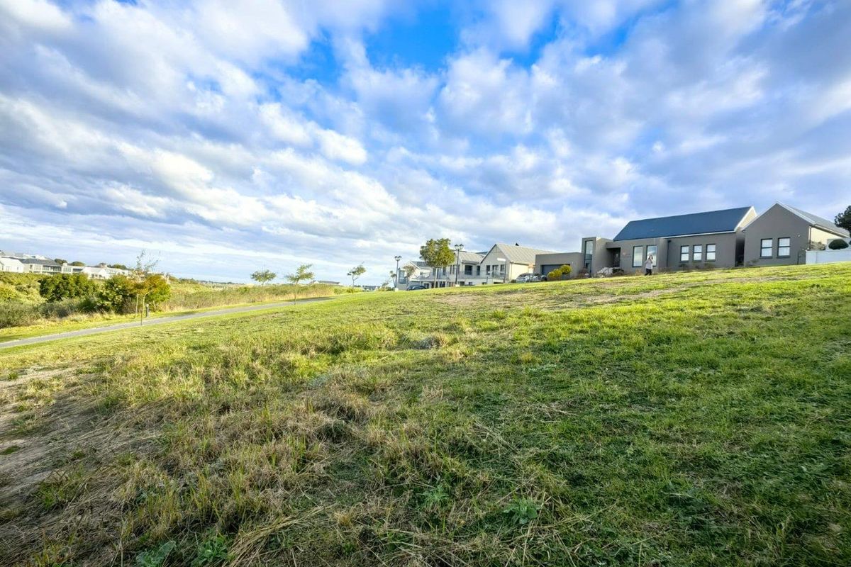 A wide-angle view of a residential estate featuring a sloping grassy foreground leading toward modern architectural homes under a bright, cloudy sky.