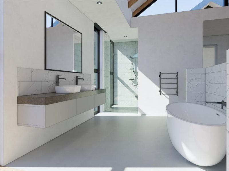 Modern, light-filled bathroom featuring a double vanity, freestanding bathtub, walk-in shower, and high-end finishes with large windows.