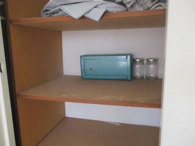A simple built-in storage cupboard featuring basic wooden shelving, suitable for general household organization and utility storage.