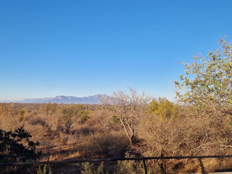 Scenic elevated view overlooking natural bushveld landscape with distant mountain range.
