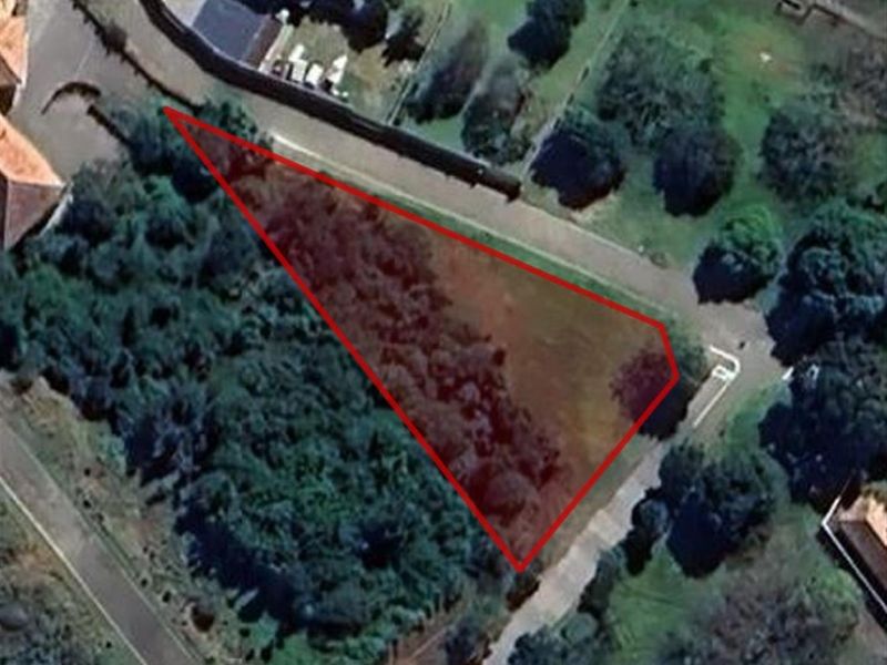 Aerial view of a vacant residential plot with a triangular boundary outline, situated in a established neighborhood with mature trees and street access.
