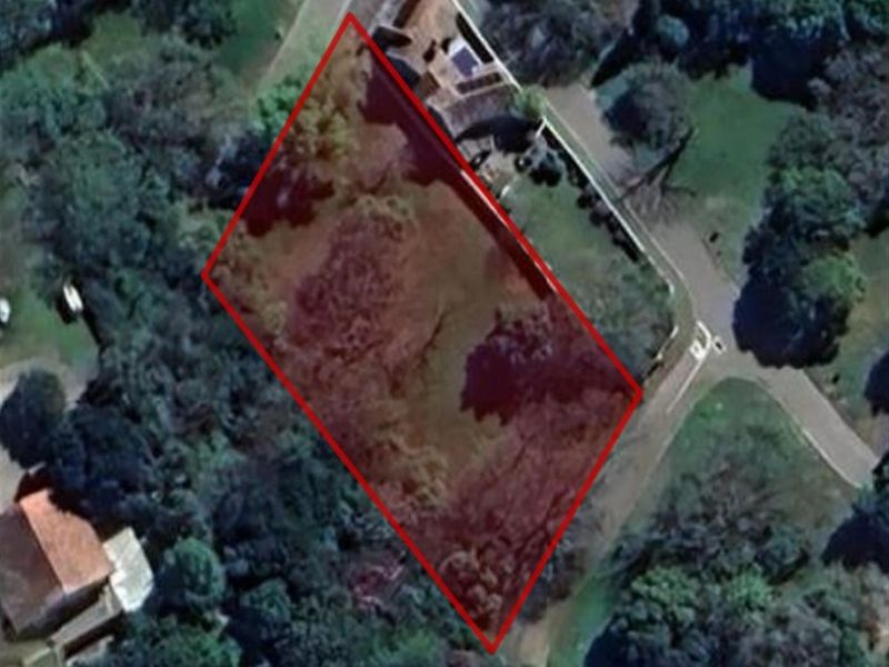 Aerial view of a vacant residential plot with a red boundary overlay, showcasing the land's position and surrounding vegetation.
