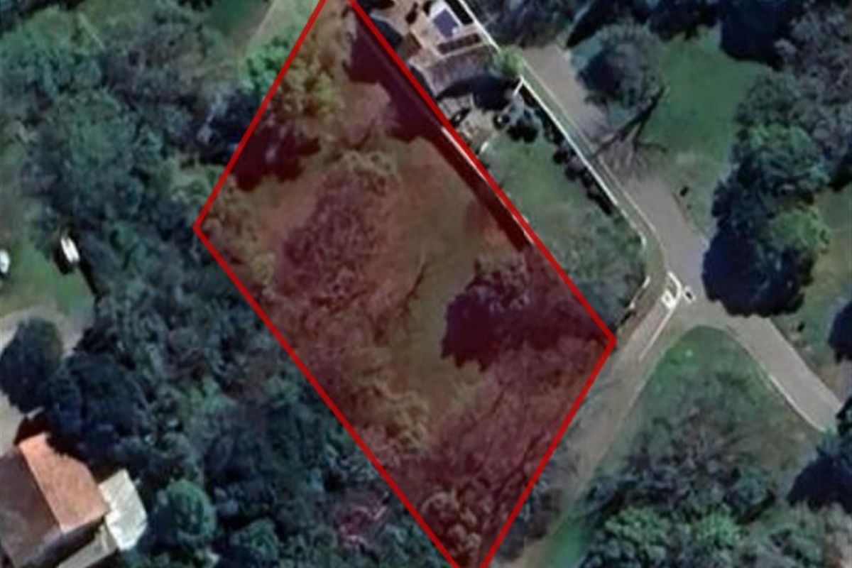 Aerial view of a vacant residential plot with a red boundary overlay, showcasing the land's position and surrounding vegetation.