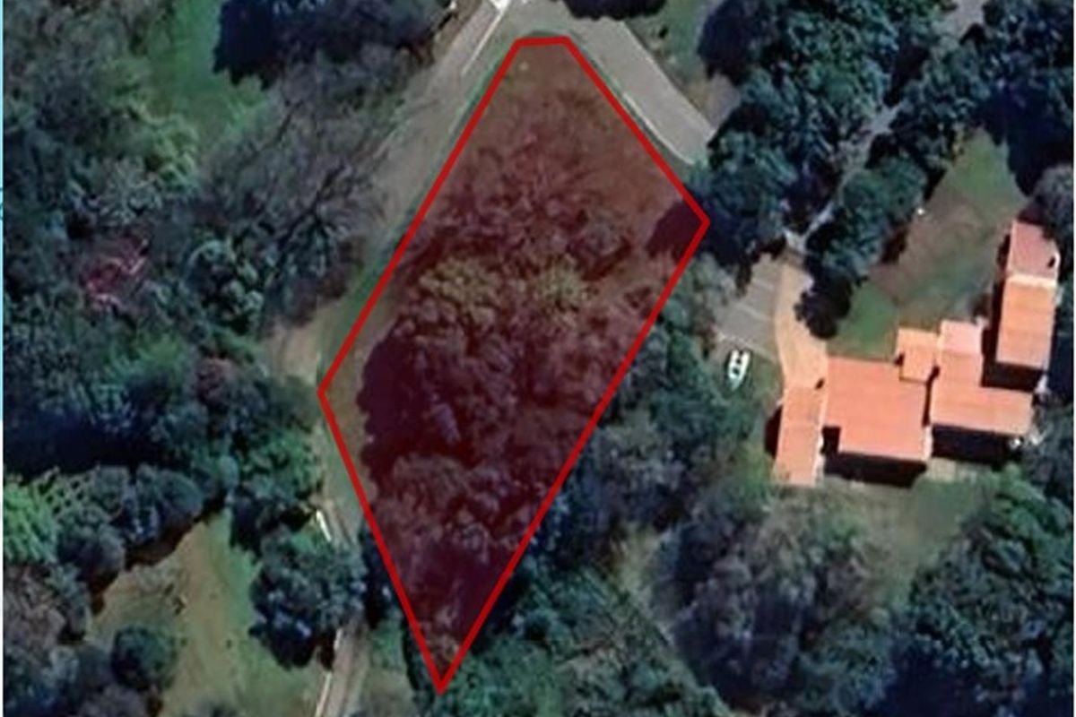 Aerial view of a vacant residential plot highlighted in red, situated in a well-established, tree-lined neighborhood.