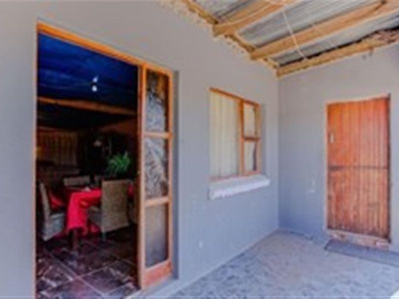 A covered outdoor patio area featuring a timber door and window frame, with an exposed corrugated iron roof structure requiring maintenance.