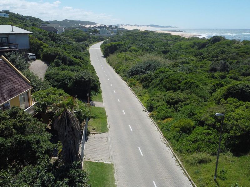 Aerial view of a coastal residential street featuring paved road infrastructure, surrounding lush vegetation, and proximity to the ocean coastline.