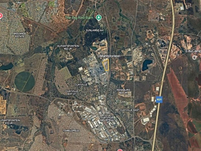 An aerial satellite view showing the location of the industrial property within the Olifantsfontein area, highlighting its proximity to major transport routes.