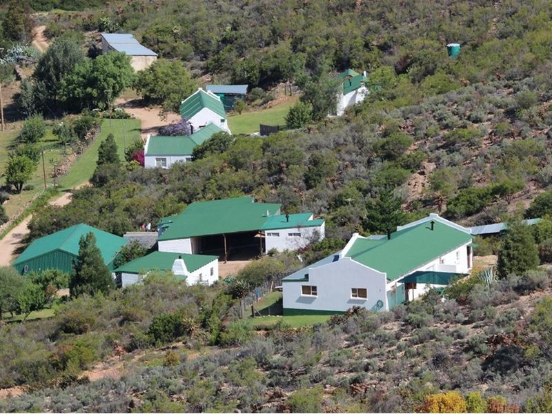 An aerial view of a farm property featuring multiple white buildings with green pitched roofs set within a natural landscape.