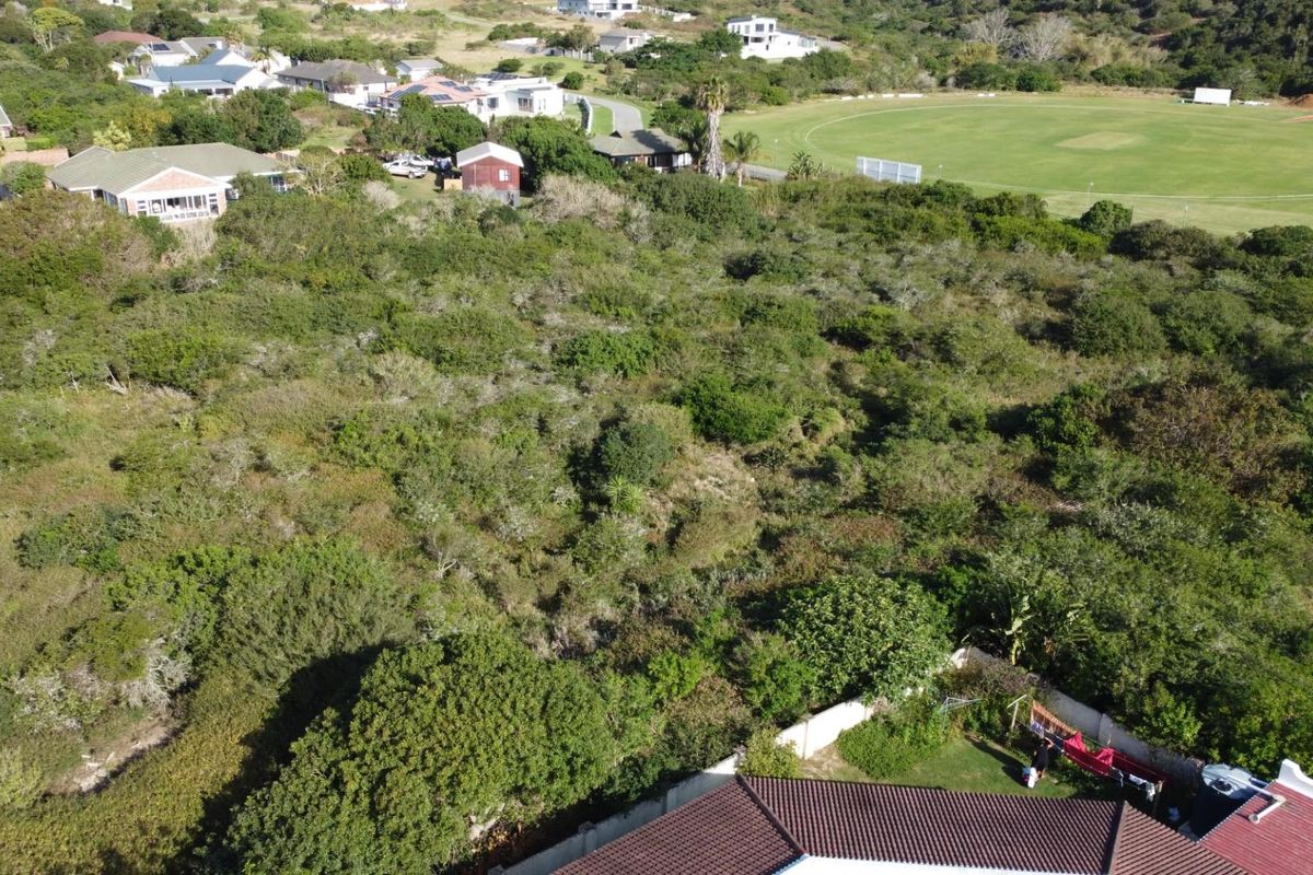 An aerial view of a vacant residential plot covered in dense indigenous vegetation, situated in a developed neighborhood near a sports field.