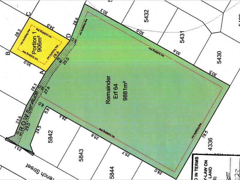 A detailed cadastral survey map showing the layout, dimensions, and building lines for Portion 1 and the Remainder of Erf 64.