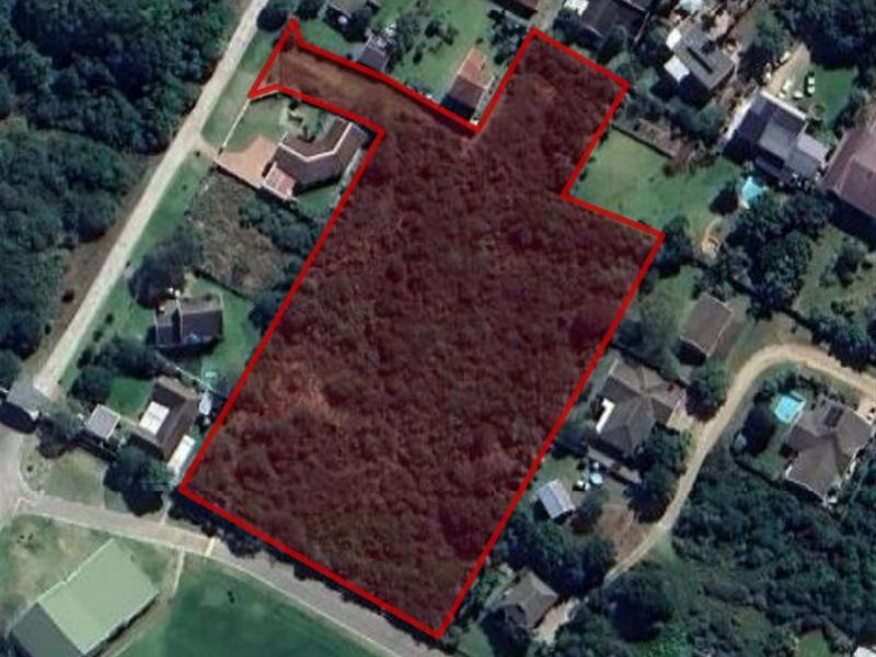 An aerial view of a vacant residential plot outlined in red, showing dense vegetation and surrounding neighborhood context.