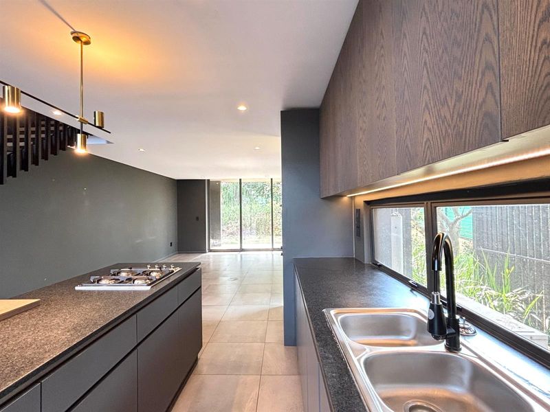 Modern open-plan kitchen featuring dark cabinetry, a central island with gas cooktop, double sink, and seamless flow to the living area and garden.