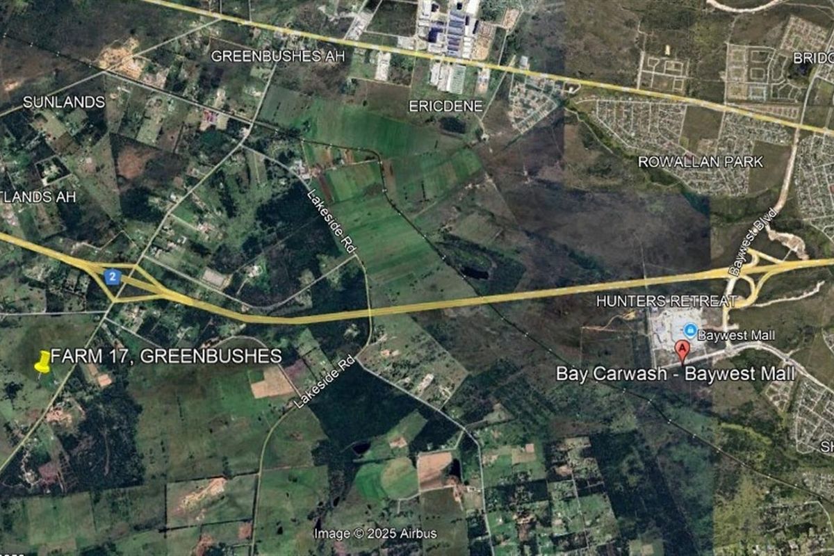 An aerial satellite map view showing the location of the farm property in relation to surrounding suburbs and major road infrastructure.