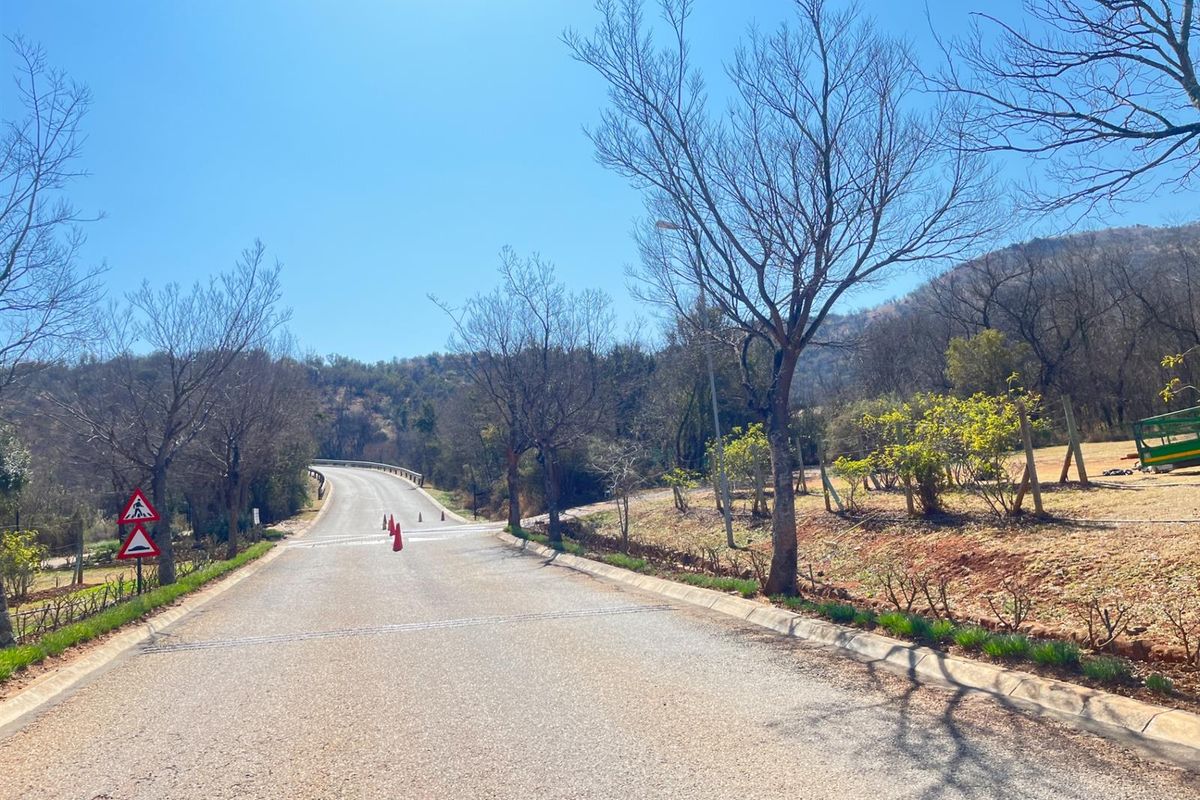 A view of the paved access road leading through the residential estate, surrounded by natural landscape and mature trees.