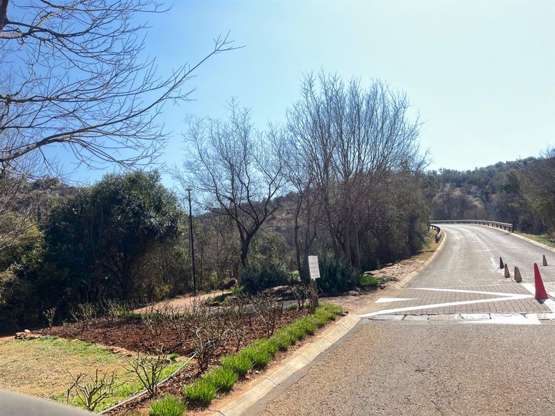 A view of the paved access road and surrounding natural landscape, showcasing the property's street frontage and local environment.