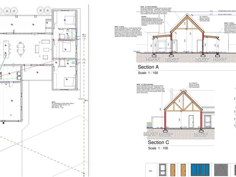 Detailed architectural floor plan and structural sections showing the layout, roof construction, and foundation specifications for the property.