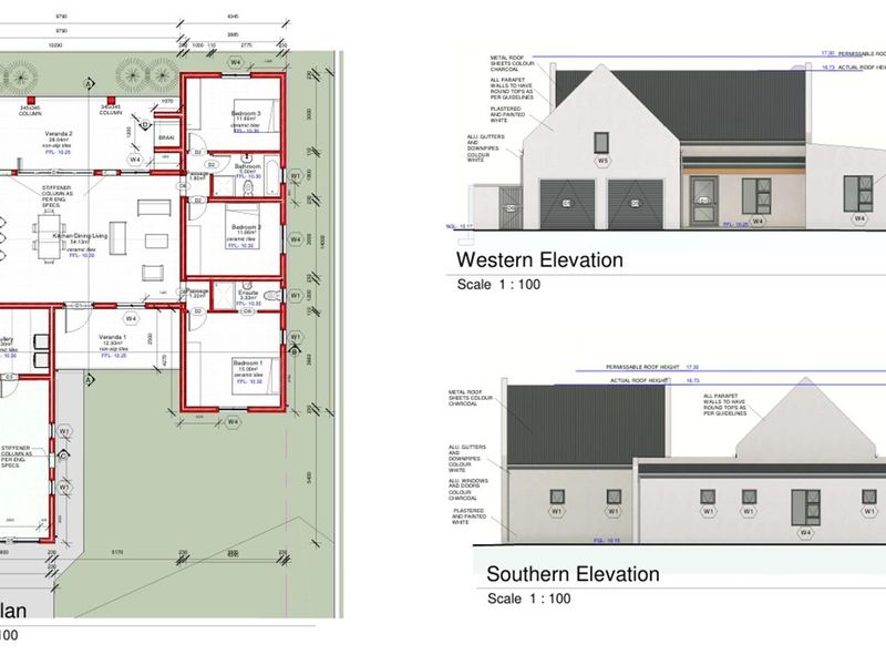 Architectural floor plan and western and southern elevation drawings for the proposed house design.