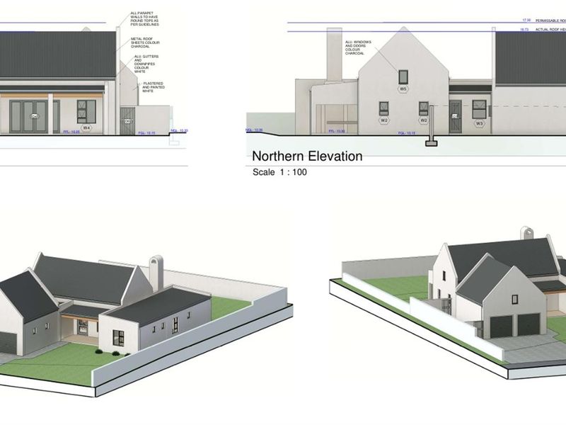 Architectural elevations and 3D rendered perspectives showing the proposed design, roof structure, and exterior finishes of the property.