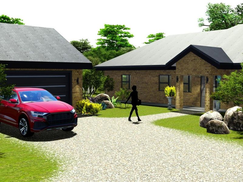 A digital architectural rendering of a residential property featuring a brick facade, pitched roof, and a detached garage with a gravel driveway.
