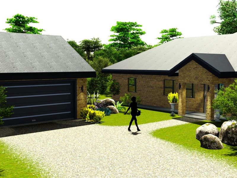 A 3D architectural rendering of a residential property featuring a brick facade, corrugated metal roof, and a detached garage with a gravel driveway.