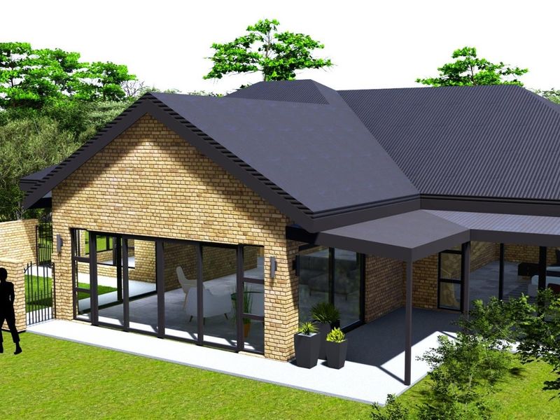 A 3D architectural rendering of a modern residential property featuring brick exterior, large glass sliding doors, a covered patio, and an outdoor fireplace.