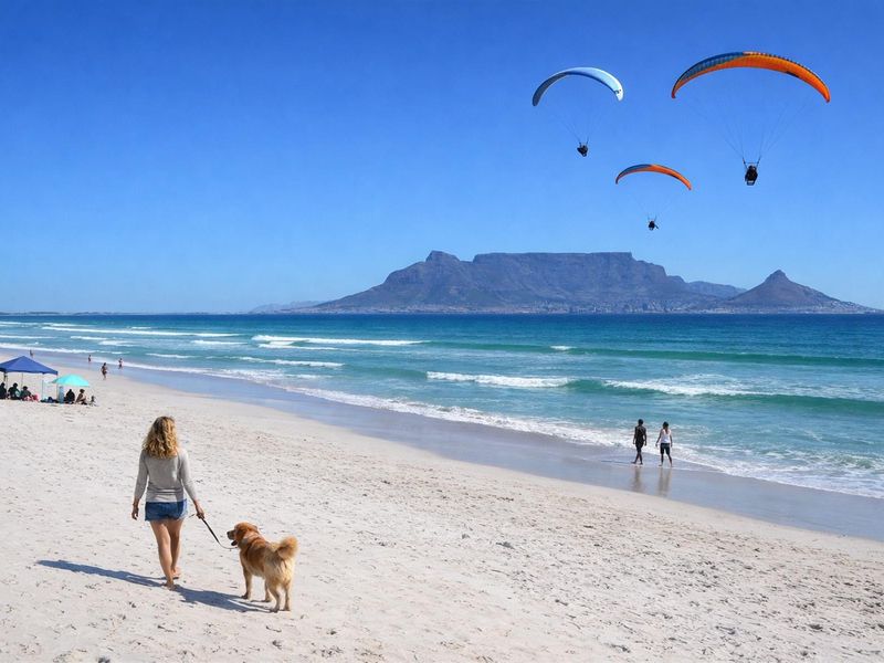 A scenic view of the coastline featuring Table Mountain in the distance, capturing the natural beauty and recreational atmosphere of the beach area.